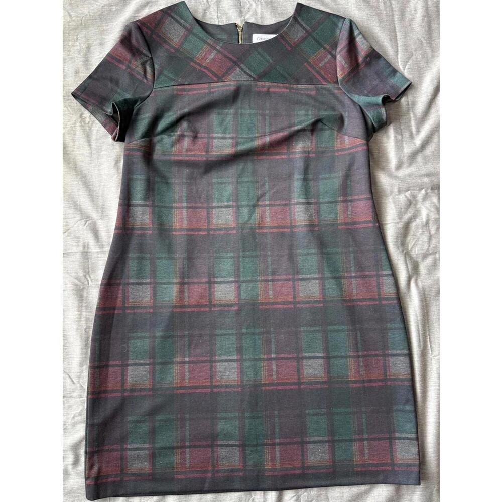 Calvin Klein Womens Size 12 Plaid Short Sleeve Sheath Dress Red Green Gray Zip